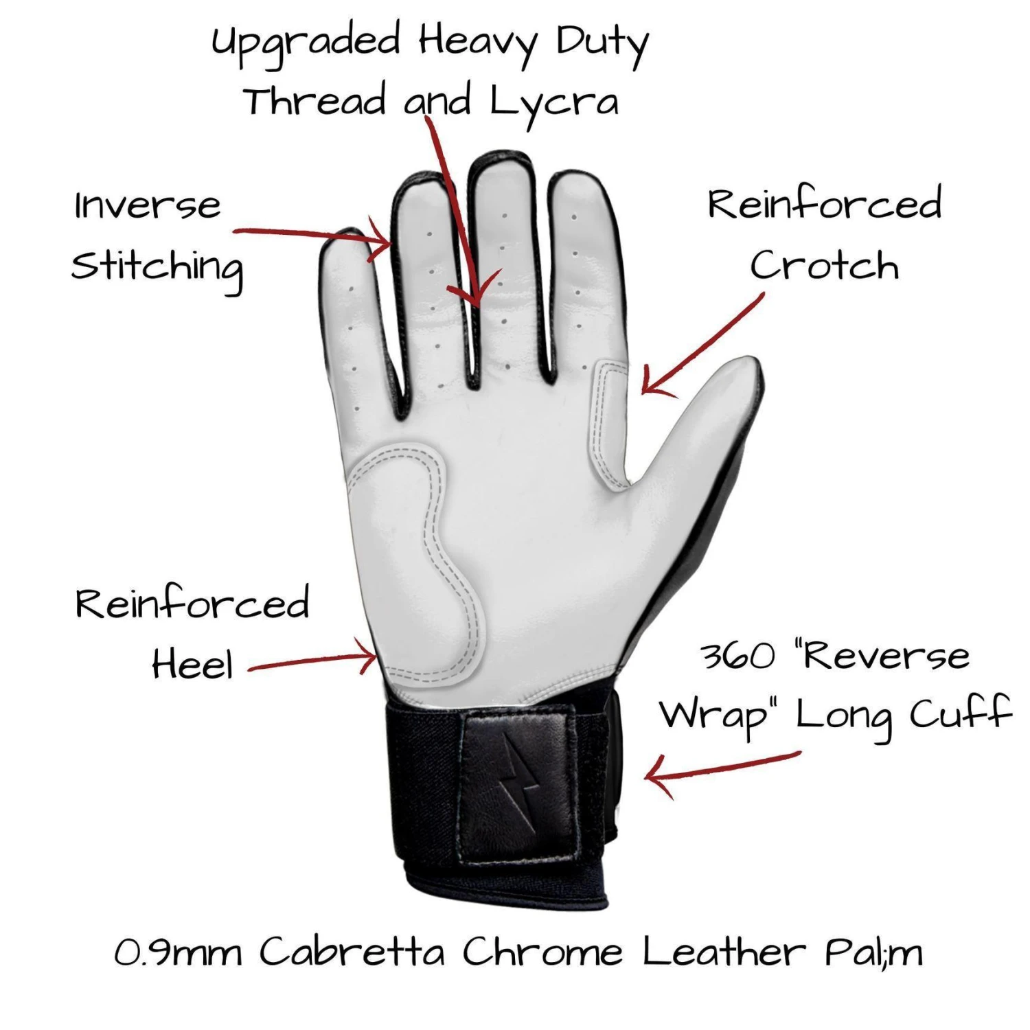 Bruce Bolt PREMIUM PRO Chrome Series Long Cuff Batting Gloves: Black - Image 3
